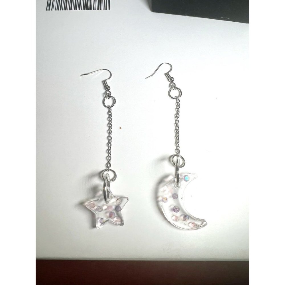 Handmade Resin Moon and Stars Asymmetrical Earrings